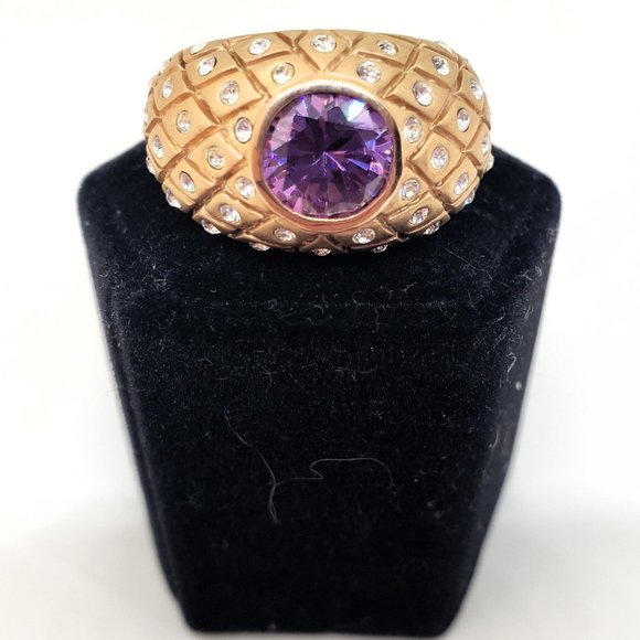 BEAUTIFUL!! Simulated Amethyst & Clear Gemstone Gold Tone Ring Size 8 - Picture 3 of 9